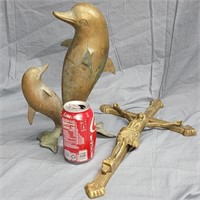 Metal 12"h Dolphin sculpture and Metal crucifix