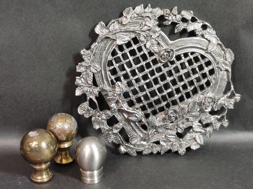 Silver Tone Heart Medallion and Brass Finials