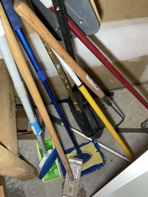 GROUP OF MOPS BROOMS DUSTPANS