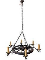French Iron and Wood Wagon Wheel Light Fixture