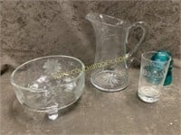 Etched glass footed bowl pitcher & tumbler