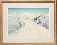 Churchill Ettinger Skiers on Mountain Watercolor