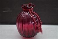 Pilgrim Glass Cranberry Ribbed Sack Vase