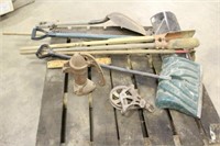 ASSORTED YARD TOOLS WITH PUMP AND PULLEY