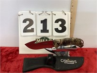 CAMILLUS HUNTING KNIFE WITH GUT HOOK AND SHEATH.