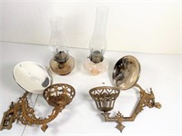 2 oil lamps w/ cast iron brackets & reflectors-Vg