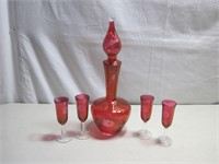 Red Glass Decanter & 4 Glasses