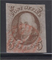 US Stamps #1 Used with red grid cancel, four margi