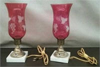 Box-Pair Vintage Cranberry Hurricane Lamps With
