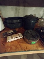 Roaster, metal pots, toy cars