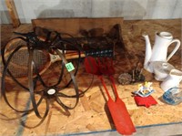 Tennis rackets, metal pumpkin, shelf, & glassware