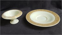 Pair of gilt edge milk glass serving dishes