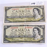 2 Canadian Twenty Dollar Paper Money 1954