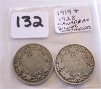 1919 & 1928 Canadian Silver Twenty Five Cents