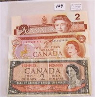 3 Canadian Two Dollar Paper Money