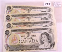 4 Canadian 1973 One Dollar Paper Money