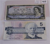 1954 & 1986 Canadian Five Dollar Paper Money