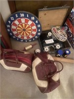 ROLLER SKATES, DART BOARD & BOWLING BALLS