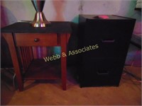 Side table, two drawer file cabinet, lamp