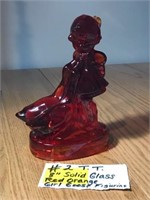 8" Solid Red Glass Girl w/ Goose Figurine
