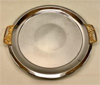 Metal 14.5" wide tray with brass handles by Kromex