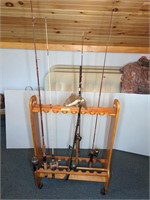 16 STATION ROLLING WOODEN FISHING POLE RACK