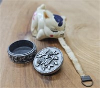 Vintage measuring tape, earring and pin set