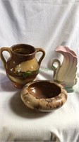 2 redware vases and Hull pottery Swan Vase