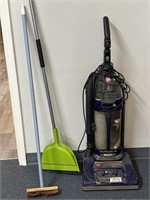 Cleaning lot, Hoover vacuum, broom, dust pan, and