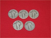 (5) unmarked Standing Liberty silver quarters