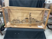 Vintage Match Ship in Wooden Glass Display