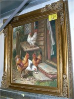 29" X 31" OIL PAINTING OF CHICKENS ON CANVAS