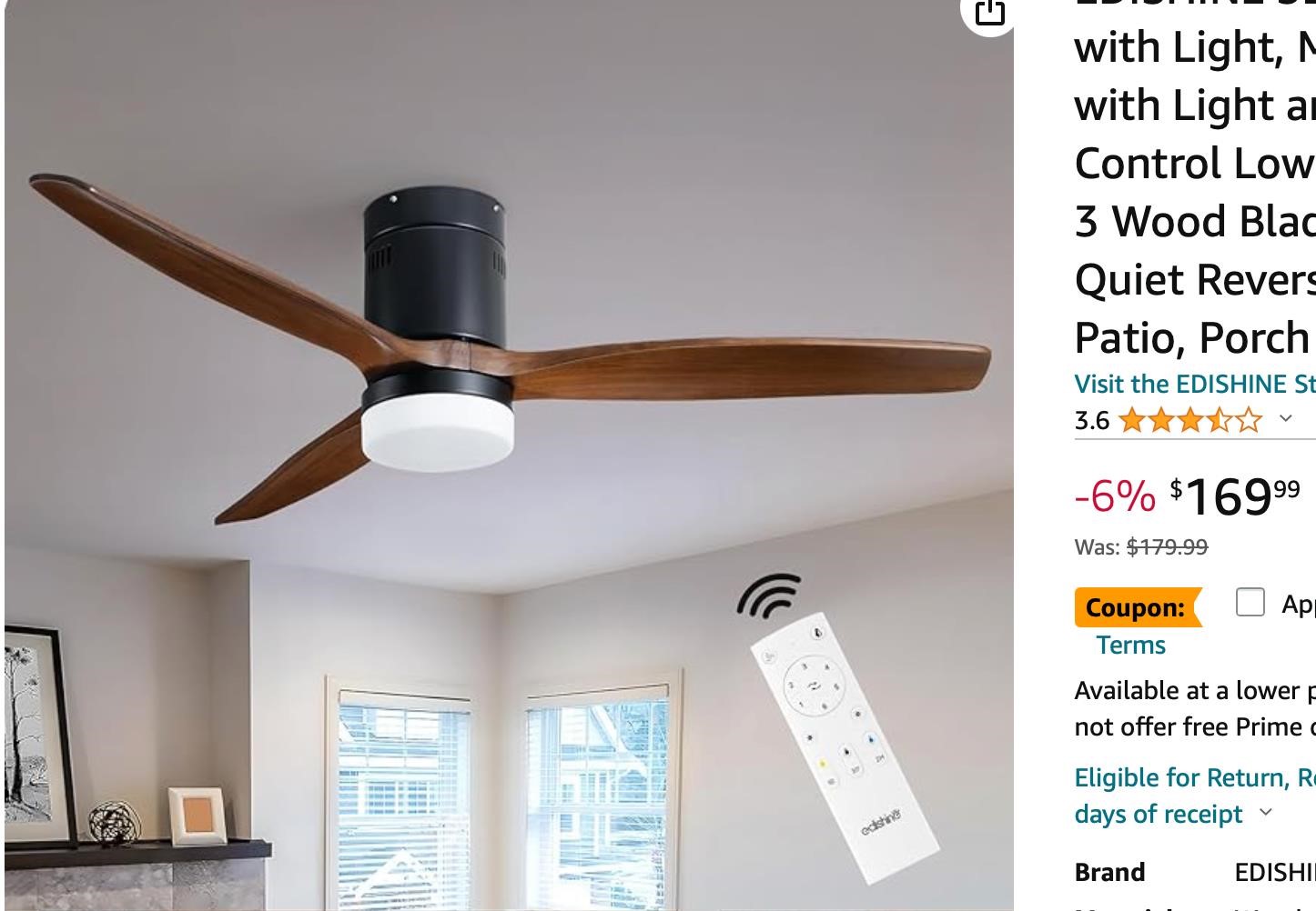 EDISHINE 52 Inch Ceiling Fan with Light