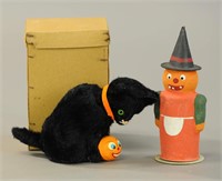 KEY WIND BLACK CAT & WITCH CANDY CONTAINER