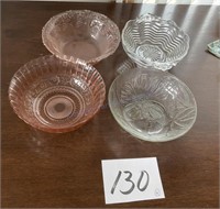 4 glass bowls, 2 pink depression glass
