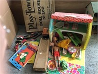 Doll House, Dolls, Books And Assorted Items