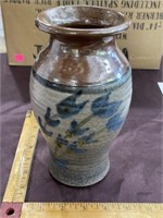 Pottery crock vase blue flowers