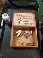 Wooden Cigar Box w/ Vintage Fishing Lures