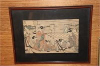 Framed Japanese woodblock print Geisha in a