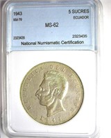 1943 5 Sucres NNC MS62 Ecuador
