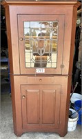 Antique Leaded Glass Wood Corner Cupboard