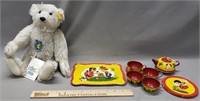 Steiff Bear, Tin Litho Child's Toy Tea Set