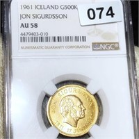 1961 Iceland Gold 500 Kroner NGC - AU58