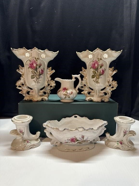 Vintage Moss Rose Vases creamer Candlestick