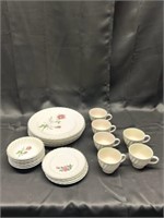 Plates, bowls, and cups, silver trim with rose pat