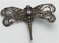 Sterling Dragonfly Pin / Pendant, Purple Stone