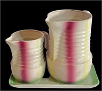 Colorful Pottery Pitchers & Tray Japan