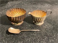 ANTIQUE SILVER PLATE CREAM AND SUGAR WITH SPOON