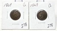 (2) 1869 Cents G