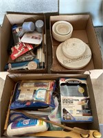 3 boxes miscellaneous items, dishes, solar,